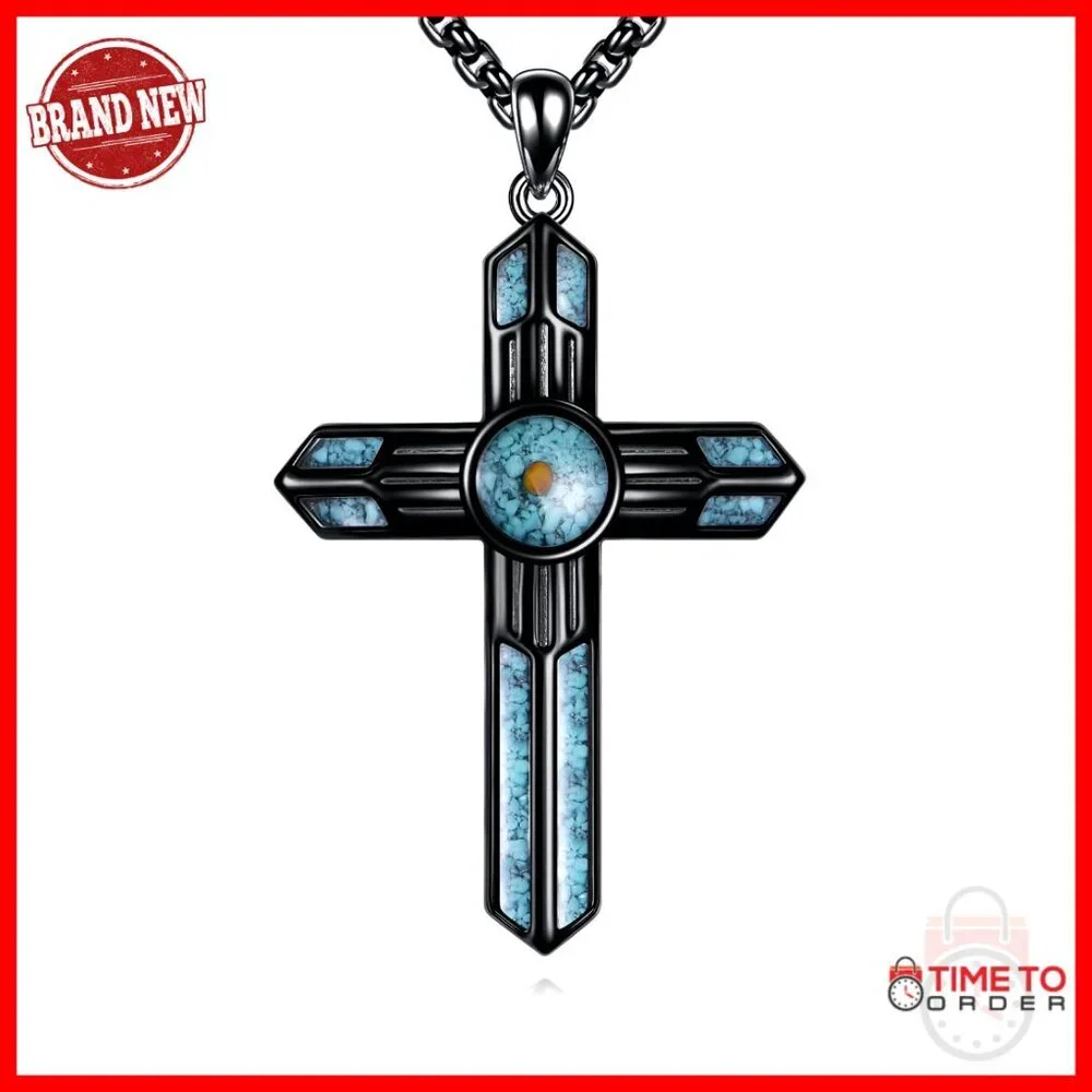 Sterling Silver Turquoise Cross Pendant Necklace 22 Inch Chain